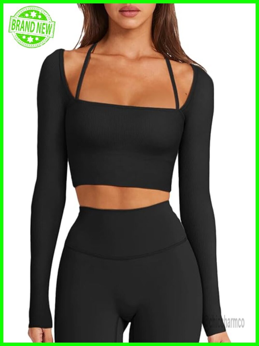 Seamless Ribbed Long Sleeve Crop Top Built-in Bra Yoga - Picture 1 of 6